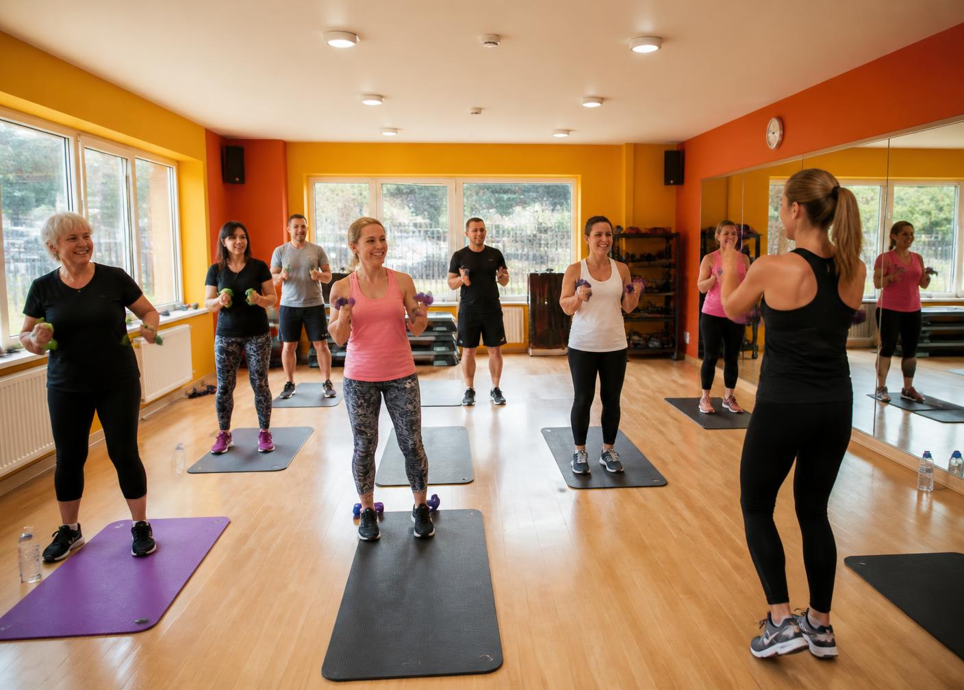 A group fitness class in progress in the studio at Keep Fit 4 U in Hitchin